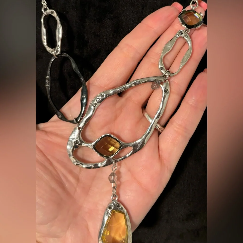Chico’s Silvertone Mixed Link Statement Necklace Crystal Drop Pendant